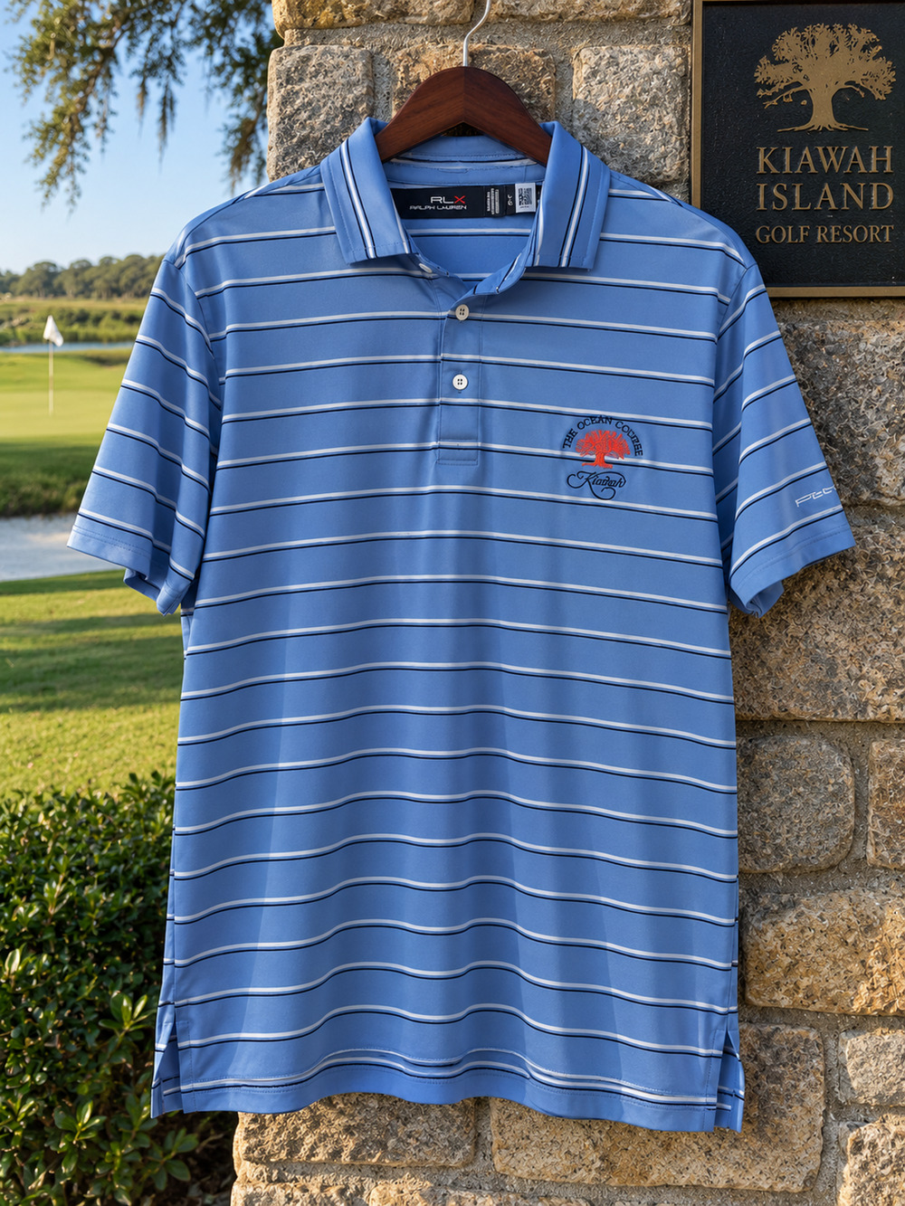 The Ocean Course Kiawah RLX Ralph Lauren Polo Men's L Blue Stripe Stretch Golf